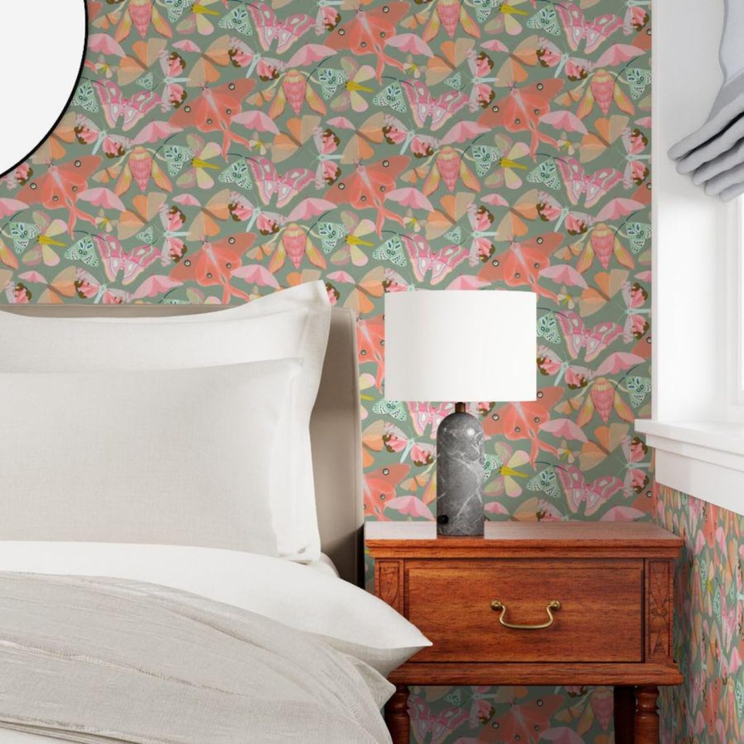 Pink Moths Wallpaper, Sage Green, Peel and Stick or Pre-pasted, Nursery ...