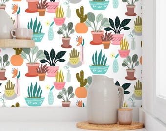 Potted Plants Whimsical Pottery on White Peel & Stick Self-Adhesive or Smooth Pre-Pasted Wallpaper Rolls for Nursery or Playroom