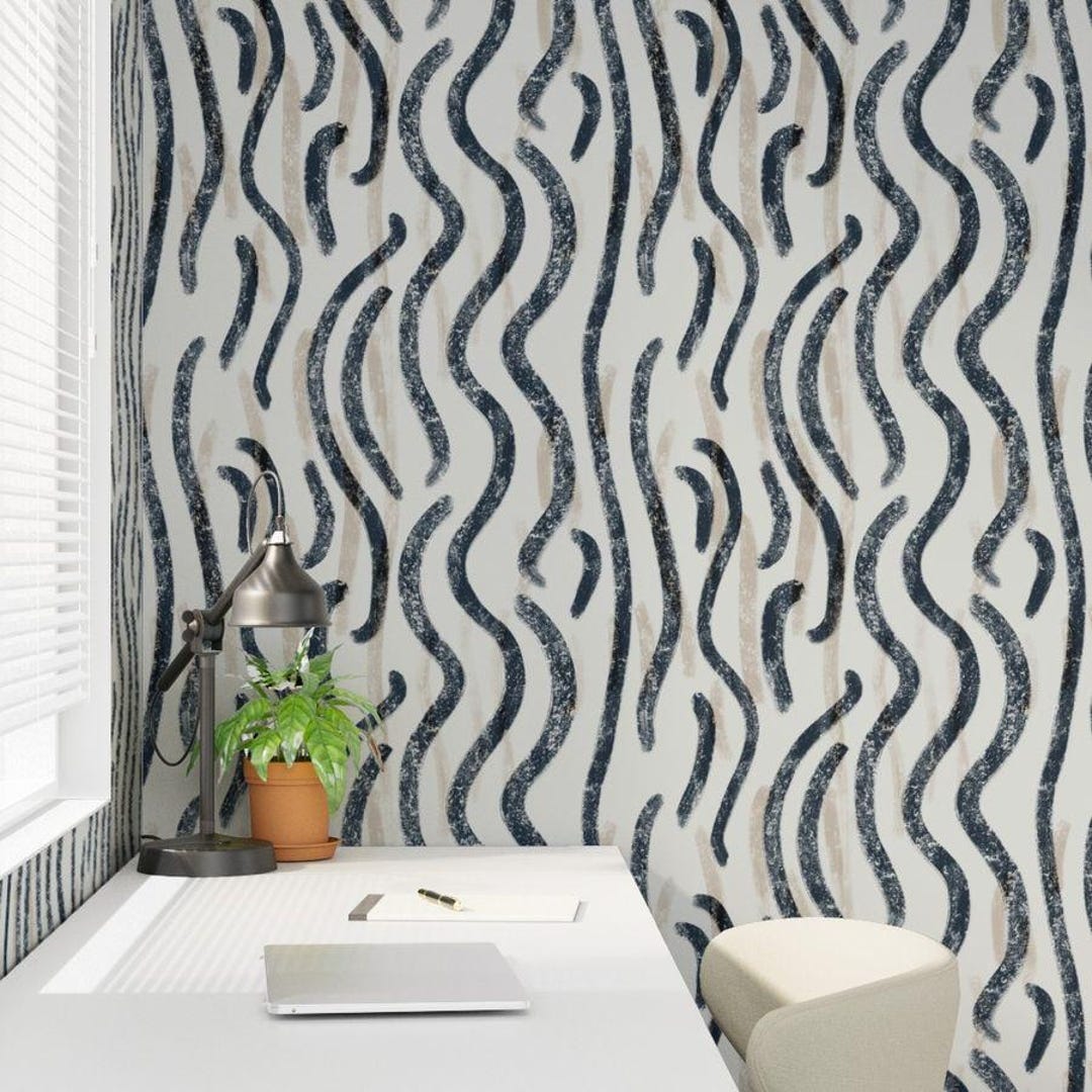 Navy Wavy Stripes Wallpaper, White Chalk Pattern, Removable Peel and ...