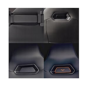 Puede incluir: Un collage de cuatro imágenes en primer plano de una silla de juego negra. La silla presenta un soporte para tableta incorporado y un diseño geométrico único en el respaldo. Una imagen muestra un logotipo iluminado.