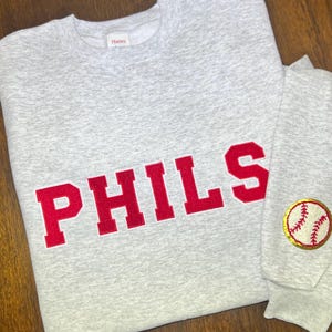 Phillies Crewneck sweatshirt. PHILS Patchwork sweatshirt, Philadelphia Phillies Baseball. Sports apparel.  Red Phillies gear. Fightin&#39; Phils