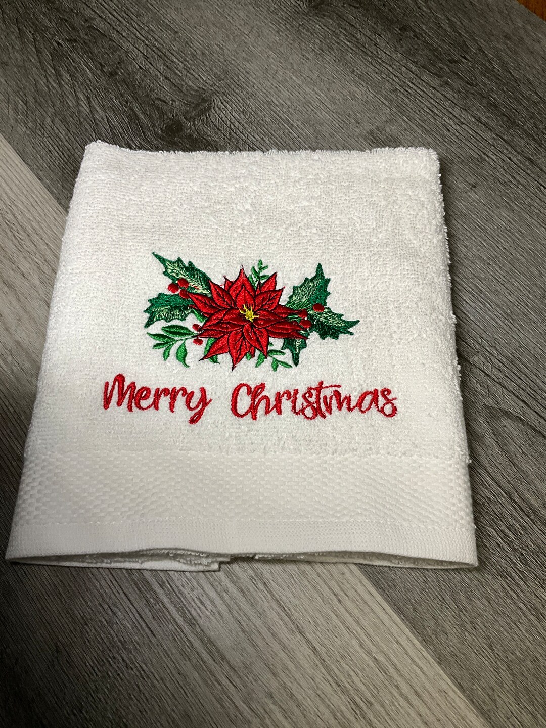 Christmas Embroidered Hand Towel Poinsettia Design With Merry Etsy
