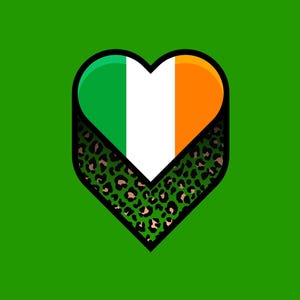 Könnte beinhalten: Ein grünes, weißes und orangefarbenes Herz mit einem Leopardenmuster als Rand. Das Herz ist eine Darstellung der irischen Flagge.