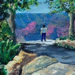 May include: A painting of a person standing on a path overlooking a blue and pink landscape. The person is wearing a blue shirt and blue pants. The path is surrounded by green trees and bushes. The painting is signed "Thom Porter Fine Art".