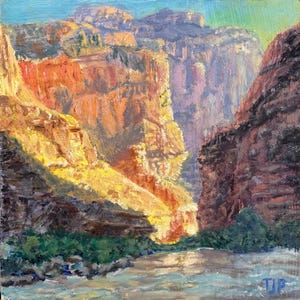 Thom J Porter small, original oil painting on hardboard of the Colorado River in the Grand Canyon.