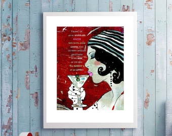 martini print, martini art, sipping martini, print with martini, fashion print, red lips, makeup lover art, art for modern space