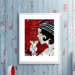 martini print, martini art, sipping martini, print with martini, fashion print, red lips, makeup lover art, art for modern space