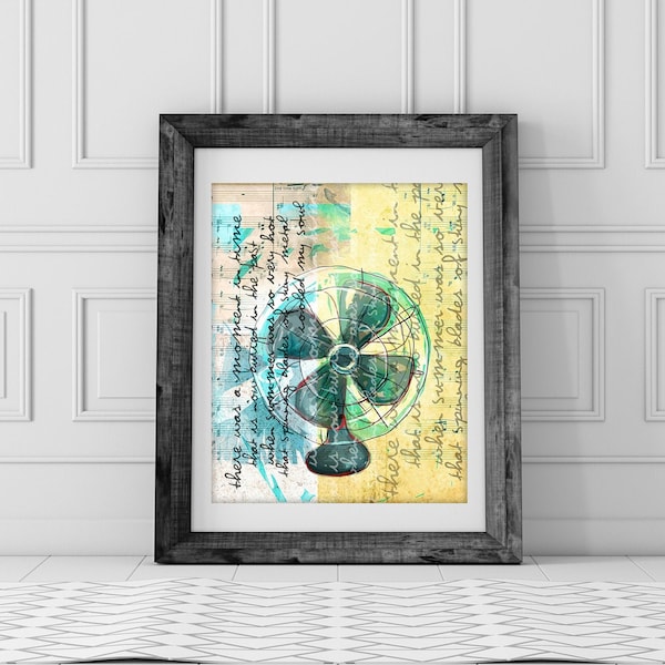 Fan print, vintage fan, print for sun room, vintage print, yellow print, print with fan, yellow, teal, poem about fan, print about summer