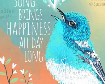 blue bird of happiness, blue bird print, blue bird art, blue jay, blue bird painting, blue bird lover, blue bird, yellow flowers, song bird