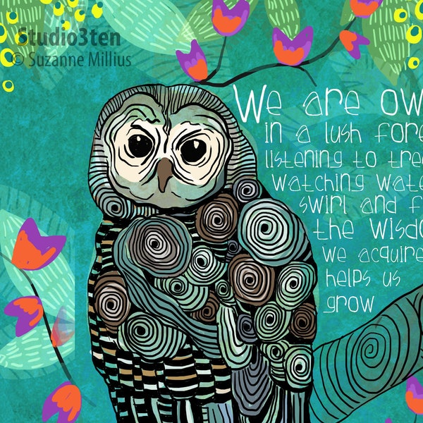 Owl print take two, art about wisdom, owl in forest, green lush print, owl in trees, swirls, owl on branch, owl with poem, owl wall art