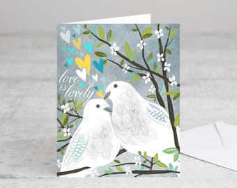 love card, love bird card, anniversary, doves in love, valentine, wedding card with doves, original love poem, 5x7 love card, morning doves