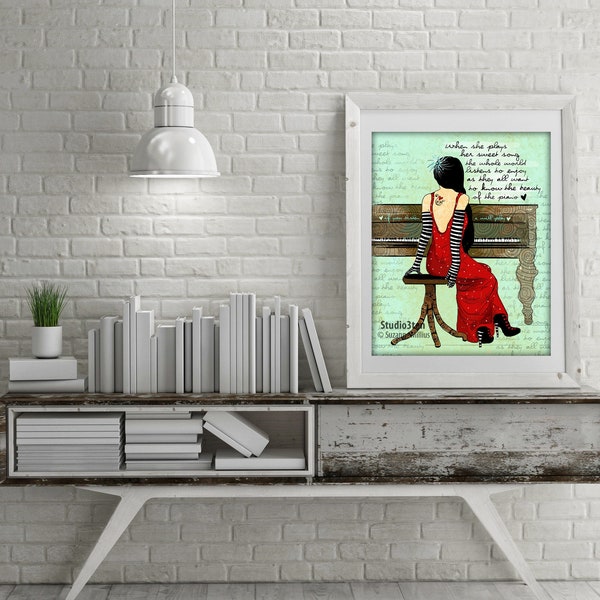 piano print, piano art, art with piano, gift for piano player, gift for pianist, music lover print, music poem, woman with tattoo art