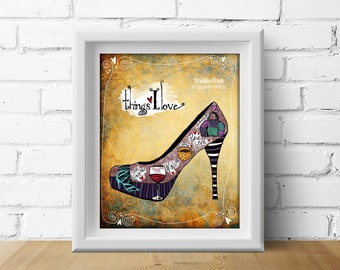 shoe art, shoe print, i love shoes, fashion print, print for shoe lover, gift for wife, wine, shoes, wine print, shopaholic, heels