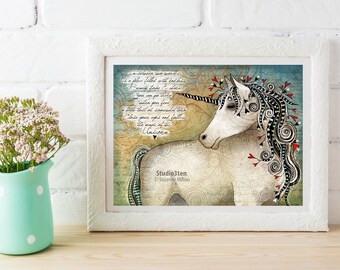 Unicorn print, unicorn art, unicorn lover, print with unicorn, soft colors, mystical land, horse print, art with unicorn, fantasy print