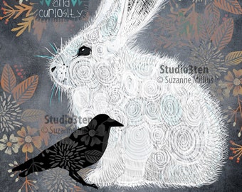 Alice in Wonderland, rabbit hole, mad hatter, rabbit art, rabbit symbolism, crow art, rabbit and crow, crow symbolism, crow spirit animal