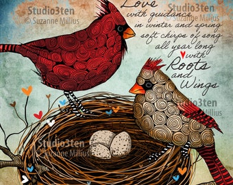 Roots and wings, nest, nursery art, cardinal lover, house warming, bird in print, art with nest, new home, Bird nest print, home art