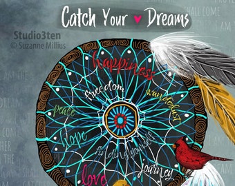 Catch your dreams, dream catcher print, cardinal as guardian, gift for protection, dream protection, gift for loss, dream catcher, cardinal