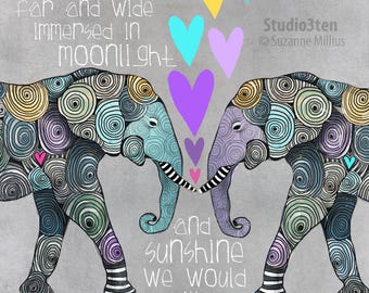 Elephant art, elephant print, soul mate , i love elephants, gray print, antique blue, elephant painting, true love, gift for spouse, xo