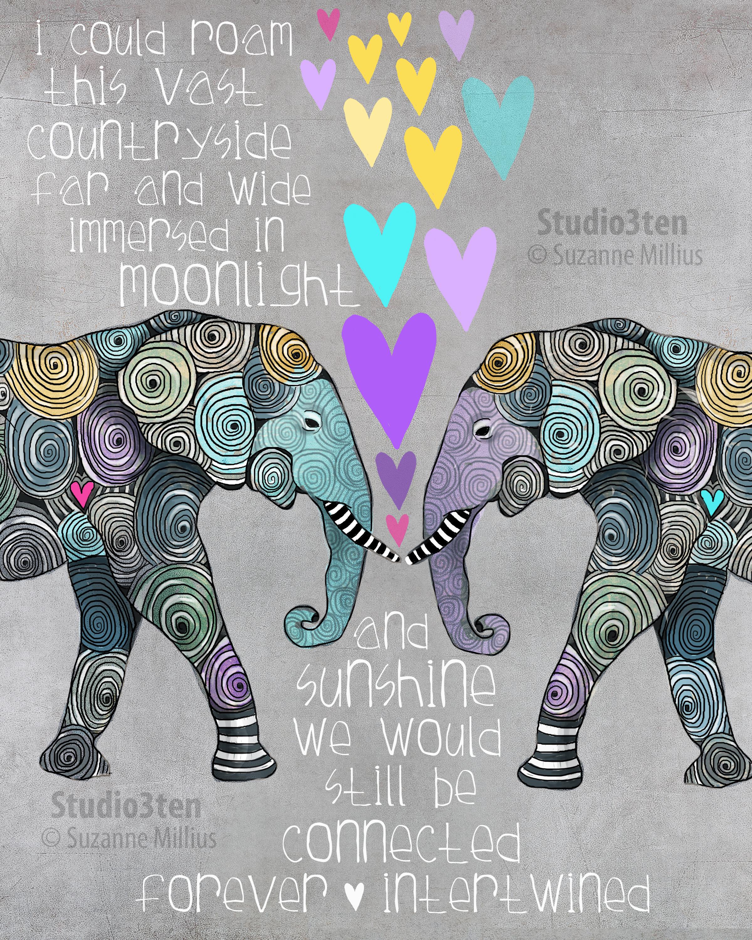 Elephant art, elephant print, soul mate , i love elephants, gray print,  antique blue, elephant painting, true love, gift for spouse, xo, image size:2400x3000