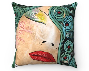 Pisces pillow, water sign art, pisces decor, pisces art, pisces poem, astrology pillow, zodiac pillow, astrology art, zodiac art, pisces