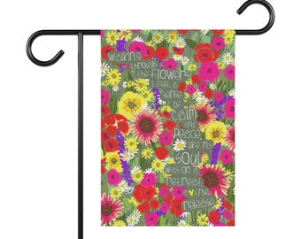 flower poem, field of flowers, vintage garden flag, garden flag with bright flowers, garden flag with bright colors, spring garden flag