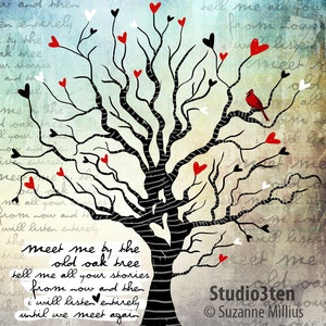 Story Teller, print with cardinals, tree filled with cardinals, gift for story teller, cardinal art, cardinal painting, tree with hearts