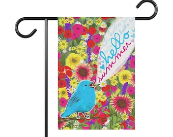 Hello summer flag, happy summer garden flag, bird garden flag, birds on flag, summer outdoor sign, home gift for bird lover, happy yard flag
