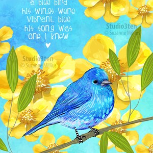 blue bird of happiness, blue bird print, blue bird art, blue jay, blue bird painting, blue bird lover, blue bird, yellow flowers, happy
