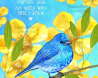 blue bird of happiness, blue bird print, blue bird art, blue jay, blue bird painting, blue bird lover, blue bird, yellow flowers, happy