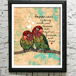 Parrot print, parrot art, love birds print, love bird art, love print, gift for spouse, gift for girlfriend, gift for boyfriend, happy print