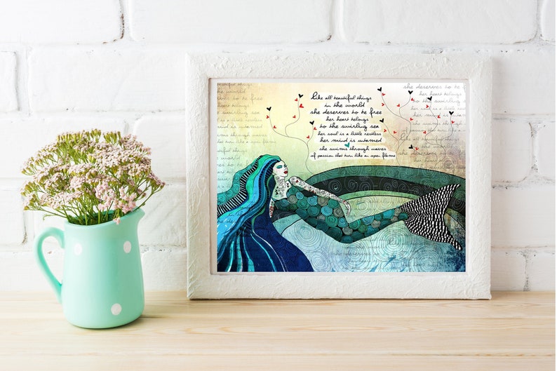 Mermaid print, mermaid art, print with mermaid, ocean lover, pisces, wanderlust print, sea life art, water sign, fish art, mermaid collector image 2