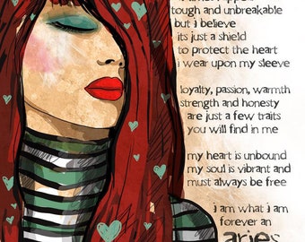 Wydruk artystyczny Barana PERSONALIZOWANY Astrologia Marzec Urodziny Kwiecień Czerwony turkusowy znak ognia oryginalna ilustracja Wydruk artystyczny Podpisany ręcznie rozmiar 8 x 10