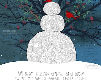 Snowman at Night, snowman art, snowman decor, cardinal in snow, snowman poem, christmas art, snowman with birds, cardinal with snowman