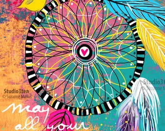 Happy Birthday card, 5x7, happy card, bird singing, dream catcher, southwest, dreams come true, feathers, card for hippie, artist birthday