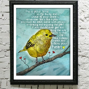 Fly Away and Chase all your dreams, yellow bird print, graduation gift, wanderlust, dream chaser, art with yellow bird, art for dreamer 8x10 image 2