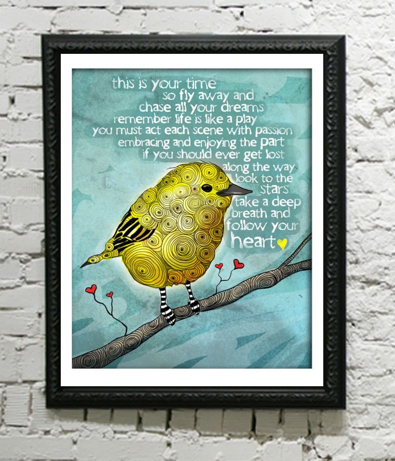 Fly Away and Chase all your dreams, yellow bird print, graduation gift, wanderlust, dream chaser, art with yellow bird, art for dreamer 8x10 image 2