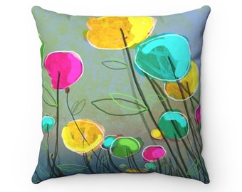 flower pillow, poppies, summer pillow, happy pillow, bold colors on pillow, bold pillow, abstract pillow, flowers on pillow, flower theme