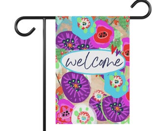 Happy summer flag, bright colored flag for yard, flower garden flag, summer garden flag, garden flag with bright colors, spring garden flag