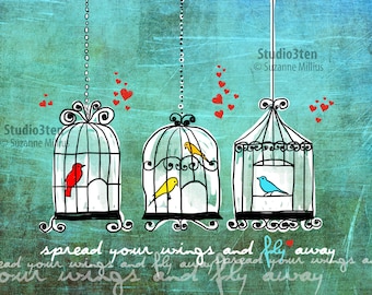 birds in cage print, open doors, why does the cage bird sing, love birds, birds in cage art, bird print, love print, birds singing print,