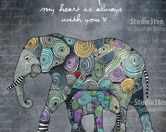 Elephant art, elephant with baby, elephant print, baby elephant, safari theme, gray print, zoo theme, antique blue, elephant painting