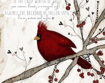 Snow Cardinal / original illustration ART Print SIGNED / 8 x 10 / NEW,