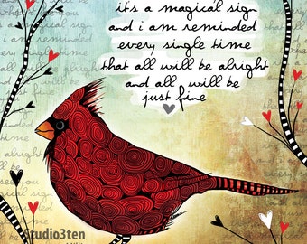Cardinal, cardinal print, cardinal as sign, print with cardinal, cardinal as guardian, gift for loss, red bird art, red bird print