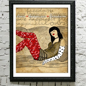 May include: A woman with black hair and red lipstick is lying on a sofa. She is wearing a brown shirt, white gloves with black polka dots, and red tights with white hearts and the words "love" and "freedom" printed on them. The background is a vintage-style pattern with the words "love", "happiness", and "freedom" repeated.