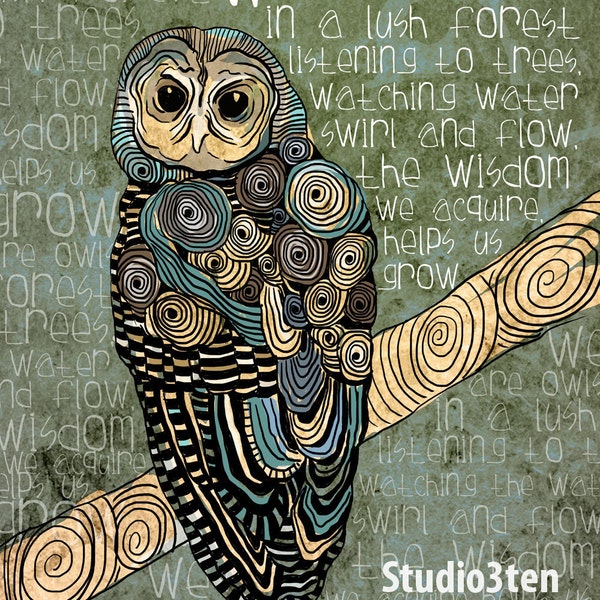 Owl print, art about wisdom, owl in forest, green lush print, owl in trees, swirls, owl on branch, owl with poem, owl wall art