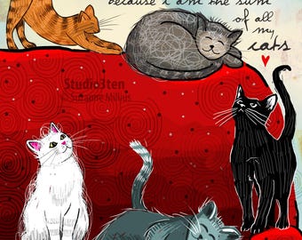 cat art, wall art with cats, cat obsession, cat lover, art for cat lover, unique cat art, cat poem, poem about cats, gift for cat lover