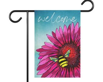 Summer garden flag, spring flag, bee lover, bee gift, bee decor, bumble bee art, bee art, gift for bee lover, bee garden flag, bee sign
