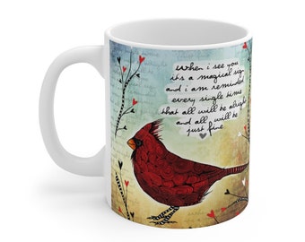 Cardinal as Sign, Cardinal coffee cup, Cardinal coffee mug, Cardinal cup, Cardinal lover, Cardinal with heart, magical cardinal, coffee cup