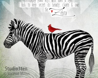 zebra art, zebra theme, safari themed nursery, zoo animals, zebra print, zebra painting, zebra bag, jungle art, print with cardinal