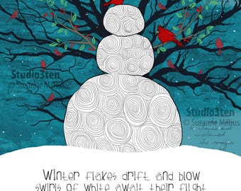 Snowman at Dusk, snowman art, snowman decor, cardinal in snow, snowman poem, christmas art, snowman with birds, cardinal with snowman