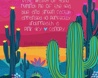desert art, arizona, southwest art, new mexico, poem about desert, pink sky, cactus art, gift for desert lover, gift for cactus lover, pink
